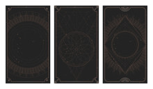Vector Set Of Three Dark Backgrounds With Geometric Symbols, Grunge Textures And Frames. Abstract Geometric Symbols And Sacred Mystic Signs Drawn In Lines.