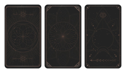 Wall Mural - Vector set of three dark backgrounds with geometric symbols, grunge textures and frames. Abstract geometric symbols and sacred mystic signs drawn in lines.