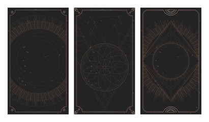 Wall Mural - vector set of three dark backgrounds with geometric symbols, grunge textures and frames. abstract ge