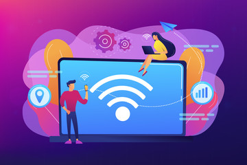 Poster - Business people using laptop and smartphone with WiFi connection. Wi-fi connection, WiFi communication technology, free internet services concept. Bright vibrant violet vector isolated illustration