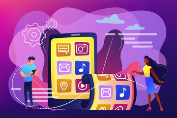 Sticker - Tiny business people using smartphone with flexible screen. Foldable smartphone, flexible electronic devices, new technology trend concept. Bright vibrant violet vector isolated illustration