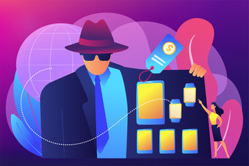 Retailer in raincoat sells digital devices to customer, tiny people. Gray market, electronics parallel market, illegal commercial channel concept. Bright vibrant violet vector isolated illustration