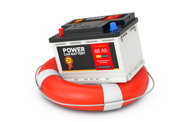 Aufkleber - Car Battery Service Concept. Rechargeable Car Battery 12V Accumulator with Abstract Label over Lifebuoy. 3d Rendering