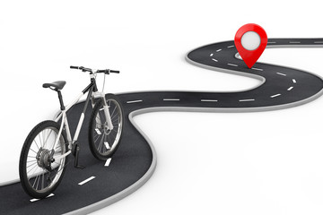 Poster - Black and White Mountain Bike Follow Over Winding Road to Destination Red Pin Target Pointer in the End of Road. 3d Rendering