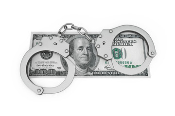 Aufkleber - Crime and Law Concept. Metal Handcuffs over Dollars Money Banknote. 3d Rendering