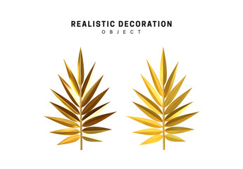 Wall Mural - set of golden palm branches in 3d, metallic illustration design isolated on white background. branch