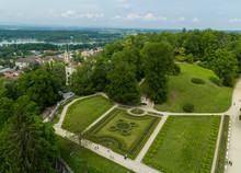 Aerial View To Hluboka Nad Vltavou With Pond Municky And Castle Park, Czech Landscape