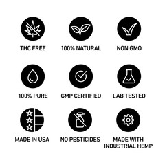 Sticker - CBD oil icons set including THC free, 100% natural, non GMO, 100% pure, GMP certified, lab tested,  made in USA, no pesticides, made with industrial hemp - Vector 