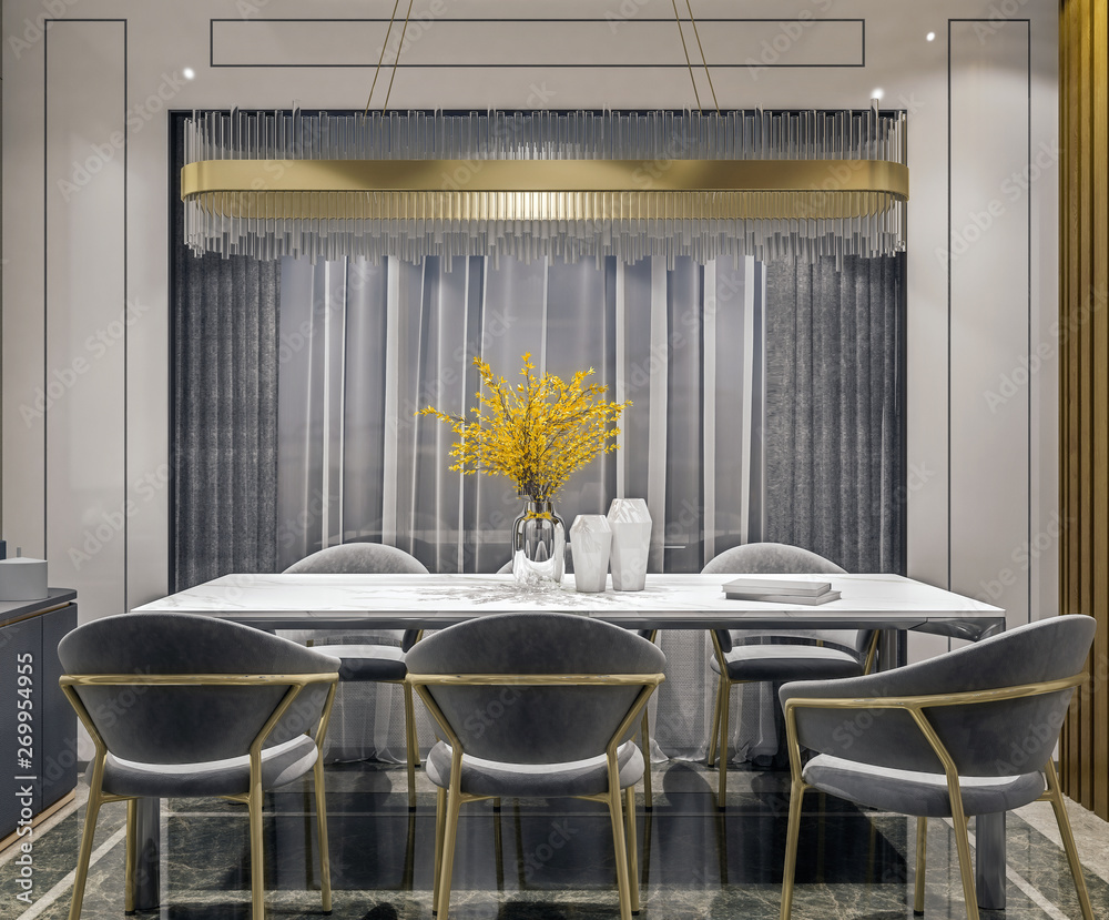 Modern interior design of grey gold dining room with side console and ...