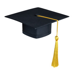 Wall Mural - Graduation hat, Academic cap or Mortarboard in black isolated on white background (clipping path) for educational hat design mockup and school commencement hat mock-up template