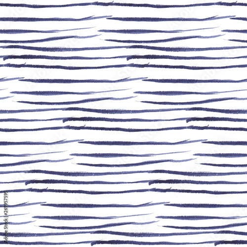 Hand painted striped navy blue background. Seamless watercolor pattern