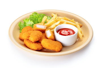 Poster - chicken nuggets with french fries, ketchup and salad in brown 