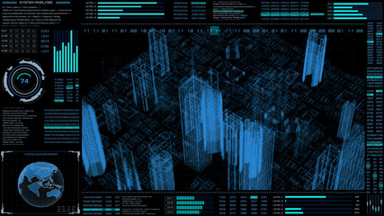 Aufkleber - HUD Futuristic Virtual 3D Hologram City Target Scanning Mission Communication Report Panel. Wireframe Reality Tower Building Digital Data Screen UI Sci Fi Technology Element.