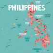 Illustrated map of Philippines with cities and landmarks. Editable vector illustration
