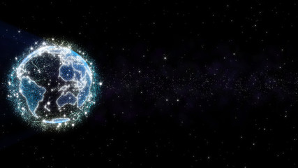 Fototapete - Earth Planet Virtual Hologram Graphic Glowing Bright With Mystery Nebula Cloud And Star Surround. Futuristic Globe Float In Galaxy Concept Illustration Background Design.