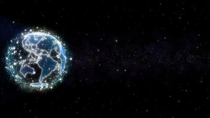 Fototapete - Earth Planet Virtual Hologram Graphic Glowing Bright With Mystery Nebula Cloud And Star Surround. Futuristic Globe Float In Galaxy Concept Illustration Background Design.