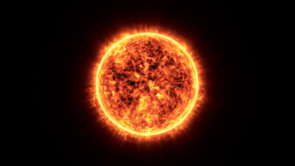 Poster - Sun Virtual Realistic Glowing Bright In Nebula Cloud And Stars Surrounded. Solar Flare Burning Around Astrological Celestial At Galaxy Concept Illustration Background Design.