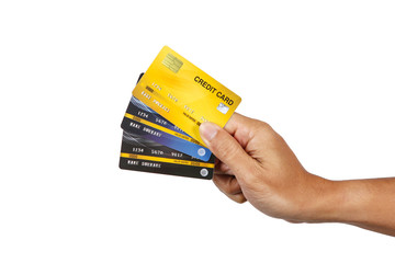 A man showing three credit cards isolate on white background.