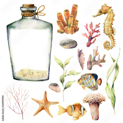 Fotografía Watercolor nautical set with coral animals, plants and fish