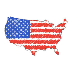 Usa map hand drawn sketch. Vector concept illustration flag, childrens drawing, scribble map. Country map for infographic, brochures and presentations isolated on white background. Vector illustration