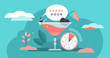 Happy hour vector illustration. Flat tiny free alcohol time persons concept
