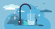 Clean water vector illustration. Tiny drinking fresh potable person concept
