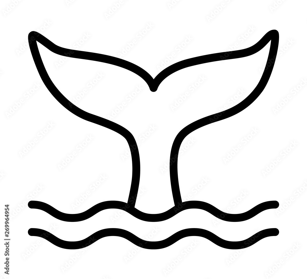 Whale tail or mermaid tail making waves line art vector icon for ...