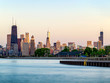 Chicago skyline and lakefront view of tallest buildings landmarks. Lake MIchigan, Illinois.