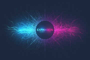 Poster - Geometric abstract background expansion of life. Colorful explosion background with connected line and dots, wave flow. Graphic background explosion, motion burst. Scientific vector illustration