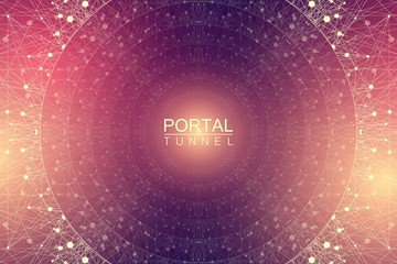 Poster - Geometric abstract background tunnel or wormhole with connected line and dots. Futuristic wormhole 3d space time portal visualization. Wireframe tunnel grid texture background. Vector illustration