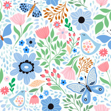 Floral Seamless Pattern With Decorative Flowers , Plants And Butterflies