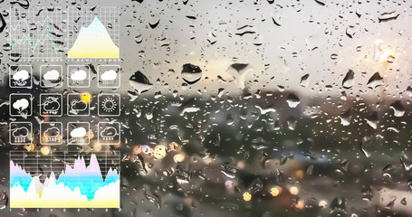 Wall Mural - weather forecast symbol data presentation with graph and chart on tropical storm background.