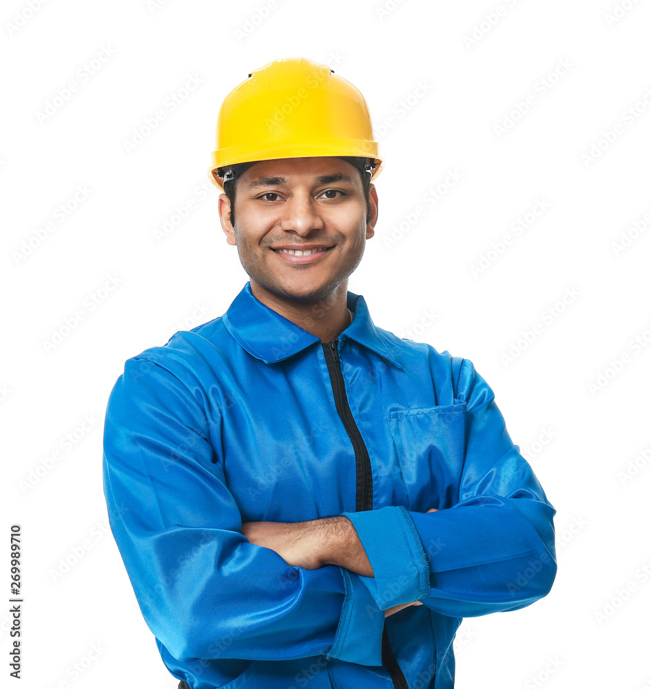 Handsome worker in hardhat on white background