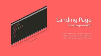 Web one landing page design template. Flat isometric modern monitor illustration. Computer screen 3d concept for infographic mockup background. Homepage code programming internet HTML site.