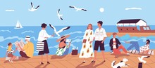 Cute Happy People Walking Along Quay Or Seafront And Feeding Seagulls Against Sea Or Ocean With Sail Boats On Background. Vacation At Seaside Resort. Flat Cartoon Colorful Vector Illustration.