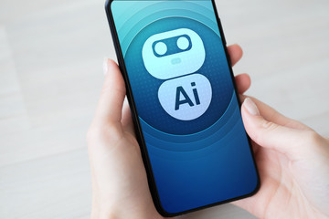Poster - ai artificial intelligence deep machine learning concept. robot icon on mobile phone screen.