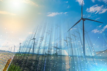 Wind turbines in a rural landscape. multiple exposure