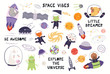 Big set of cute animal astronauts in space, with planets, stars. Isolated objects on white background. Hand drawn vector illustration. Scandinavian style flat design. Concept for children print.
