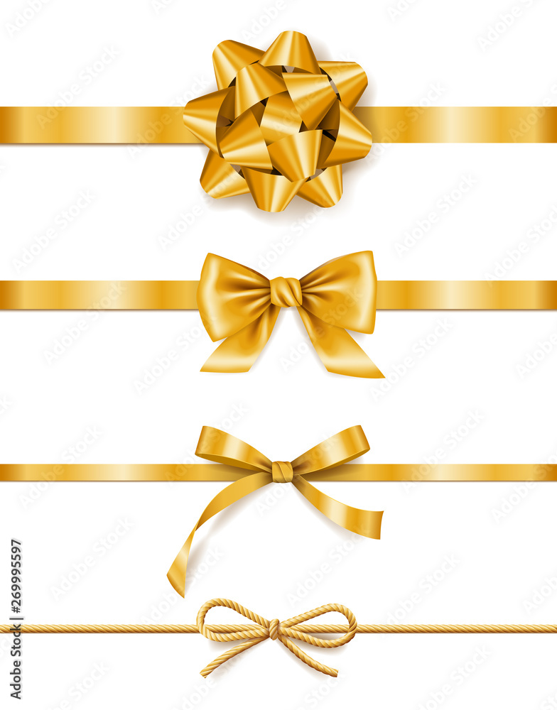 Set of golden ribbons with bows, decoration for gift boxes, design element - obrazy, fototapety, plakaty 
