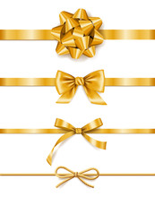 Set Of Golden Ribbons With Bows, Decoration For Gift Boxes, Design Element