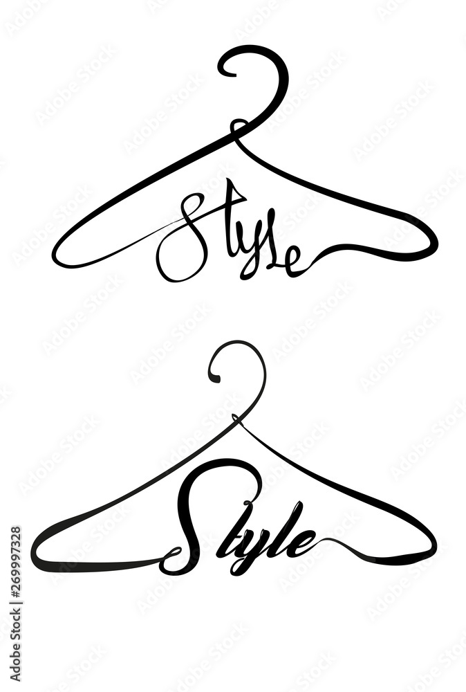 Creative fashion style logo design. Vector sign with lettering and hanger symbol. Logotype calligraphy - obrazy, fototapety, plakaty 