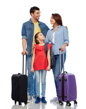 Family, Tourism And Vacation Concept - Happy Smiling Mother, Father And Little Daughter With Travel Bags Over White Background