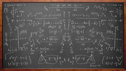 Math physics formulas on chalkboard
