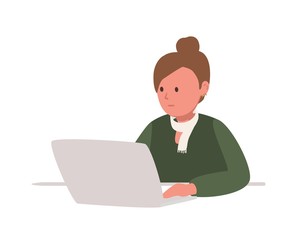 Poster - Cute teenage girl sitting at laptop computer and studying hard isolated on white background. Female student or schoolgirl preparing for exams or doing homework. Flat cartoon vector illustration.