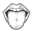 Tongue showing out of mouth sketch engraving vector illustration. Scratch board style imitation. Black and white hand drawn image.