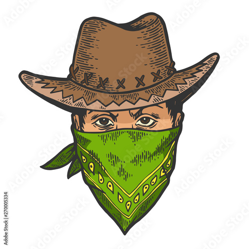 Fotografía Cowboy head in bandit gangster mask bandana color sketch line art engraving vector illustration