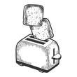 © Oleksandr Pokusai - Toaster with flying out bread toast crouton sketch engraving vector illustration. Scratch board style imitation. Black and white hand drawn image.