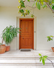 Cozy House Entrance Solid Wooden Door And Flower Pots