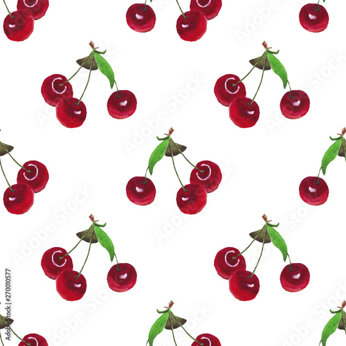 watercolor cherry seamless pattern on white background