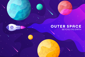 Wall Mural - space futuristic modern colorful background with rocket. starship, spaceship in night sky. solar sys